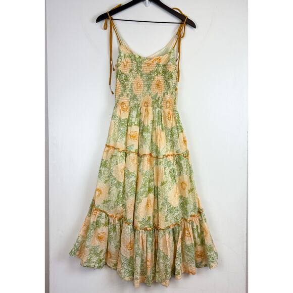 NWT Free People Adriel Midi Shirred Dress Floral Yellow Green $168 - S - Picture 5 of 10
